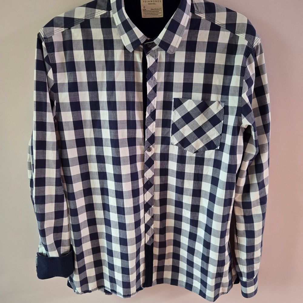 7 Diamonds "Rip Tied" Navy & White Gingham Button Down Shirt - Large
